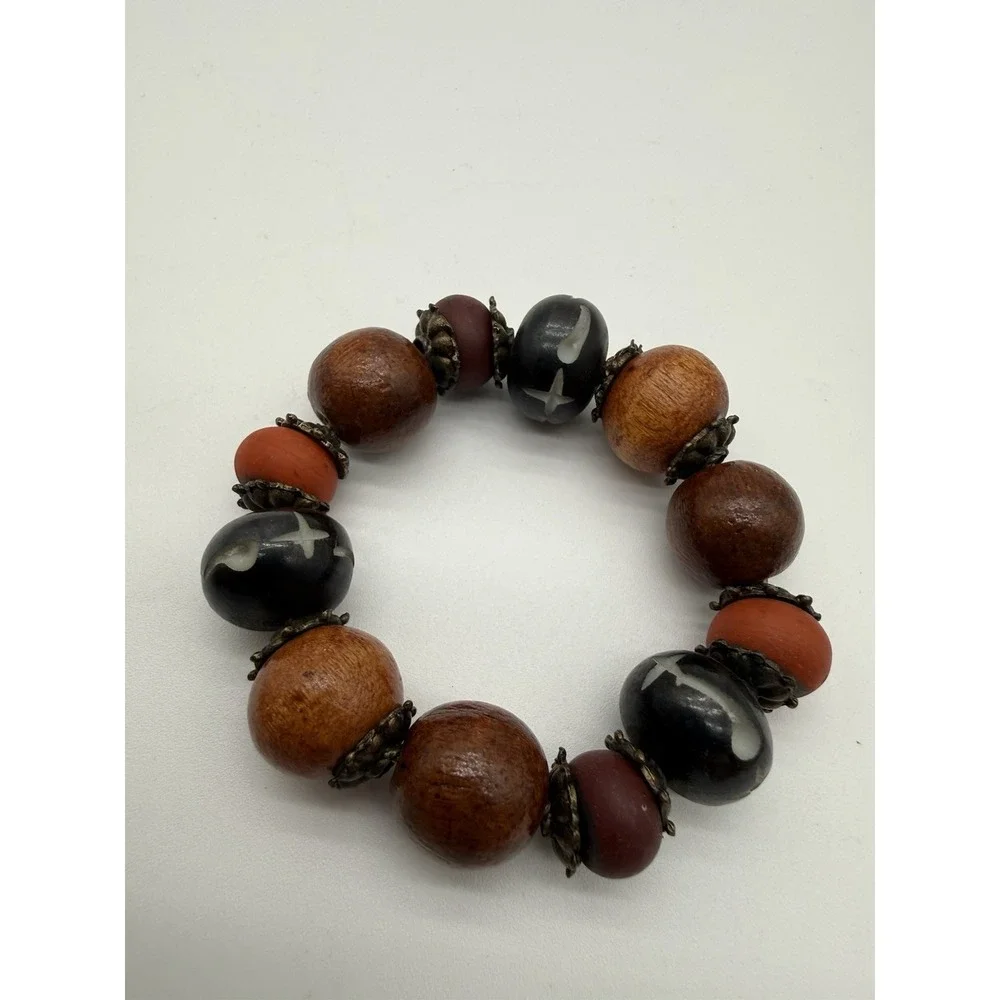 Set of 6 Napkin Rings Wood Metal and Plastic Beads African Style 2.5